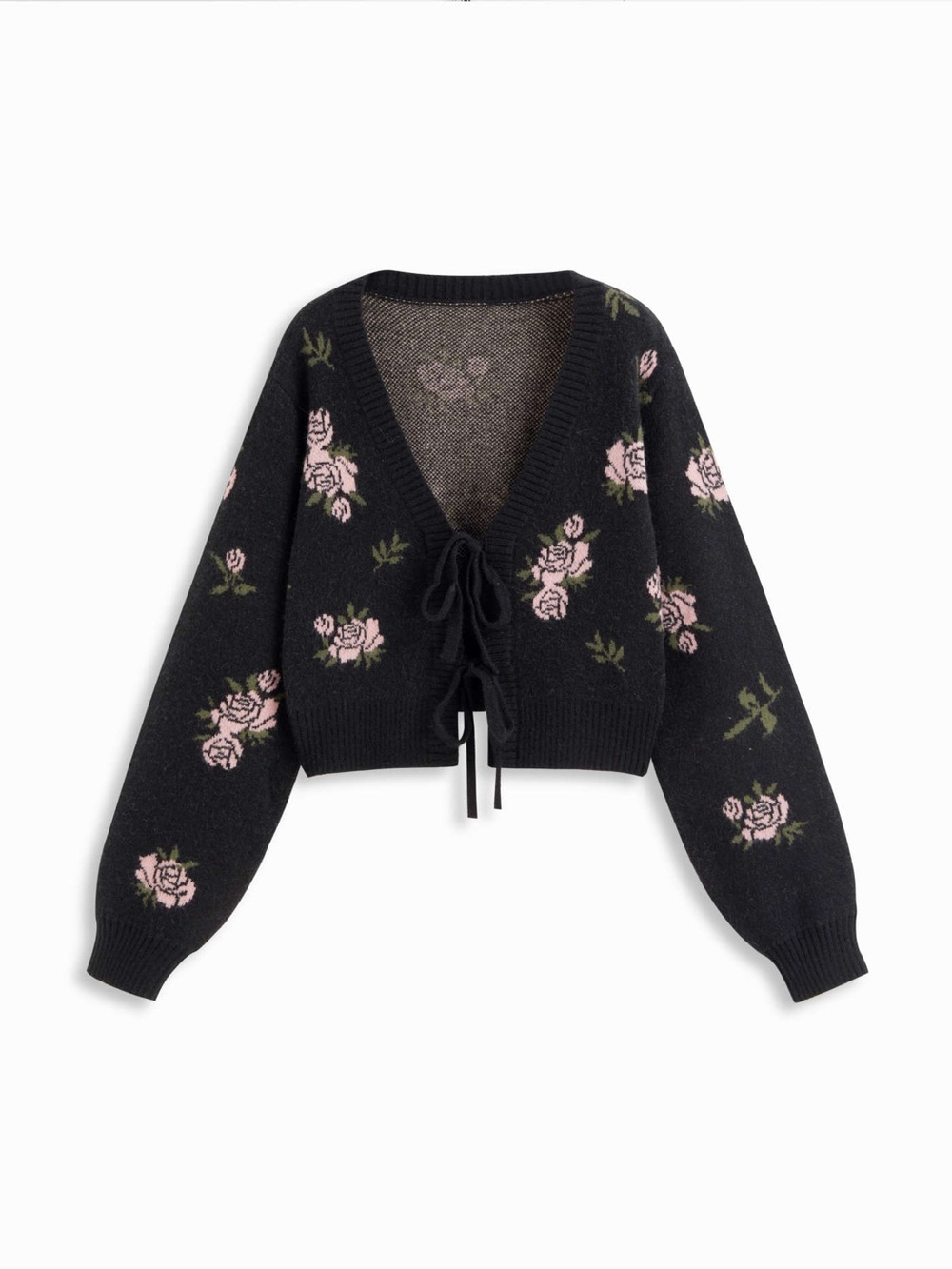 Brand new Cider knit rose floral graphic v neck bow knot tie front cardigan